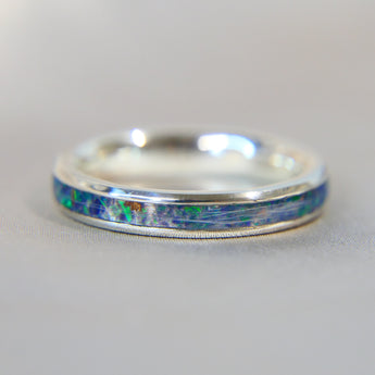 Ocean green opal, subtle rose.gold flecks pet fur in Sterling silver band