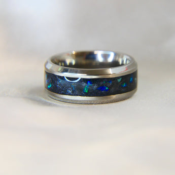 Titanium band, embryo ashes, black shimmer, cobalt blue opal 