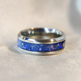 Titanium band, midnight blue shimmer, heavy ashes, white opal 