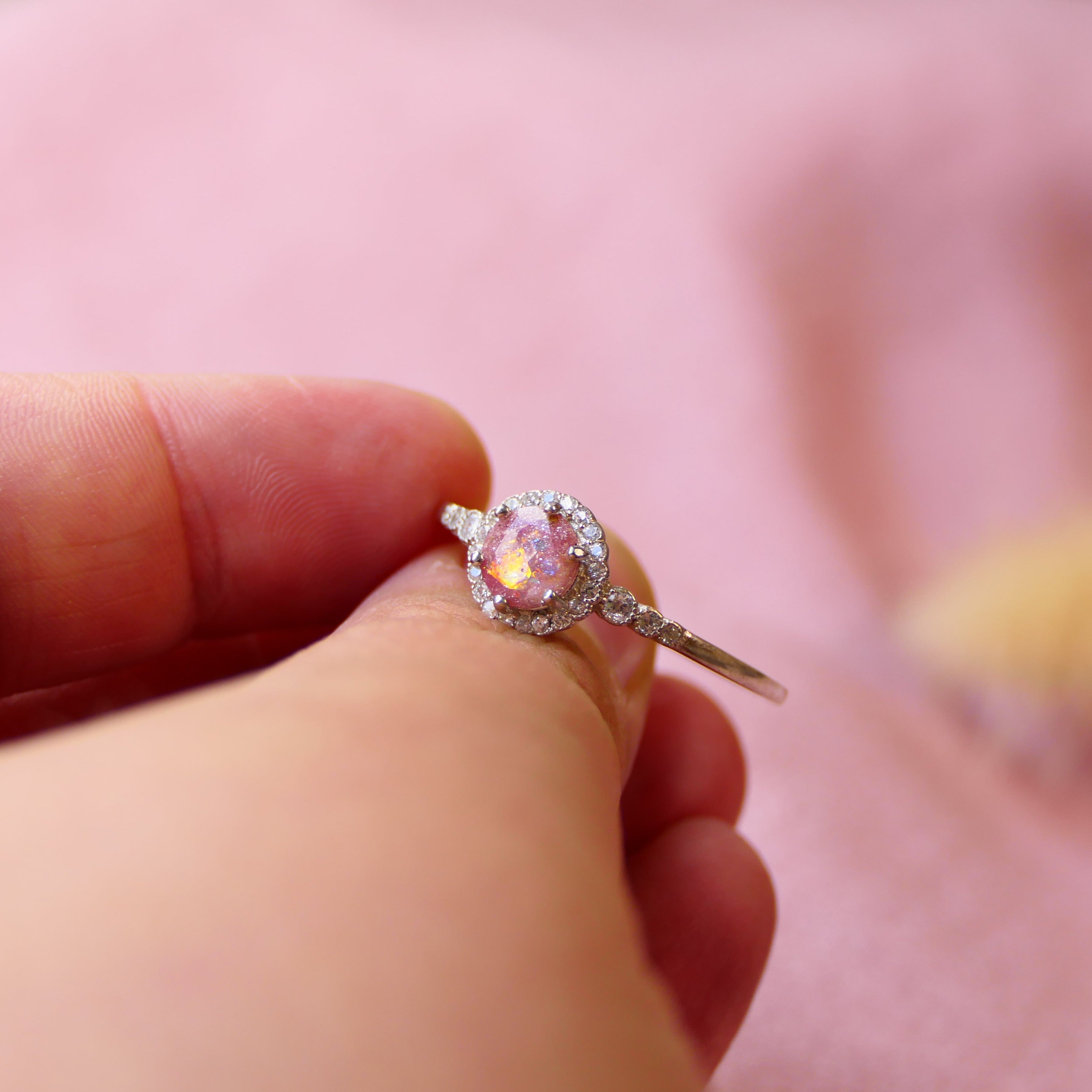 Ashes ring with opalescent flecks, cremations and briar rose pink shimmer